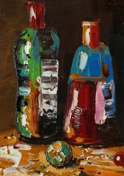 Painting Two bottles and a fruit like object