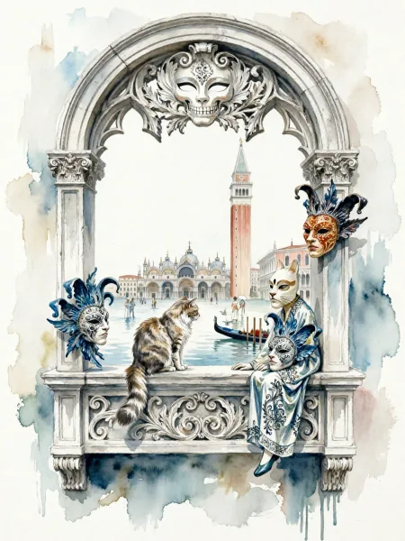 Painting Venetian cat Venice Window with carnival masks