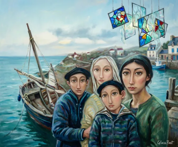 Painting Fishing family in the port of Guethary